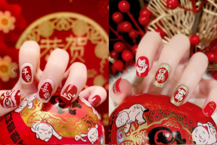 紅色喜慶卡通美甲，廣西美甲師學校整理