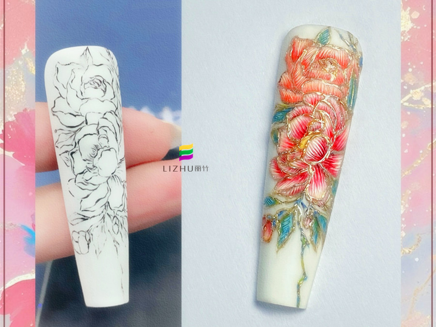 國風(fēng)刺繡牡丹美甲，廣西美甲設(shè)計學(xué)校作品