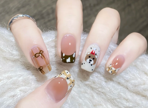 格紋手繪小熊美甲教程，南寧美甲教學(xué)分享